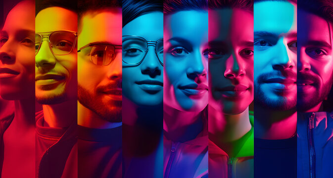 Cropped portraits of group of people on multicolored background in neon light. Collage made of 7 models