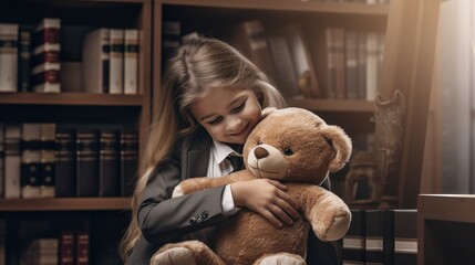 a happy little girl finding comfort in hugging her teddy bear while in a family lawyer's office, the emotional support and care provided during the registration of guardianship.