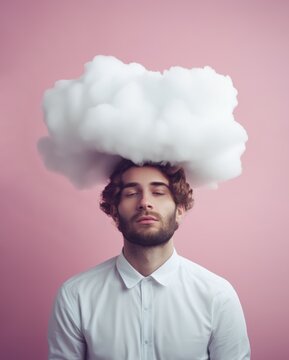 A man with a blissful expression on his face, with a cloud above his head.