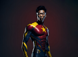 Fototapeta na wymiar Male chinese superhero. Asiatic guy in super hero suit