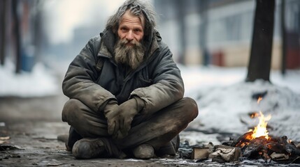 Homeless Old Man Enduring Winter on the Street: A Struggle for Survival. Generative ai