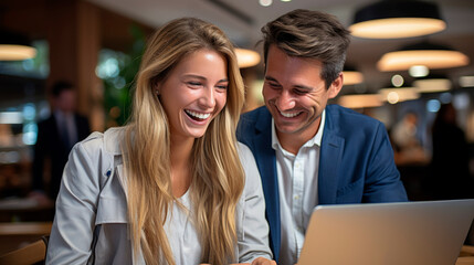 A happy young European couple is watching or working on a laptop. Joint freelance