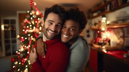 Fototapeta na wymiar Smiling Gay Couple Embracing in Living Room with Christmas Backdrop. Generative ai