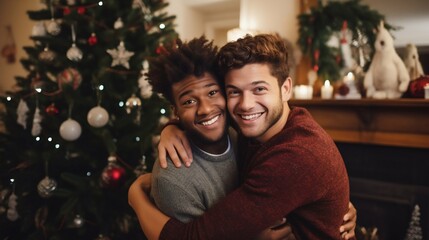 Fototapeta premium Smiling Gay Couple Embracing in Living Room with Christmas Backdrop. Generative ai