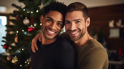 Smiling Gay Couple Embracing in Living Room with Christmas Backdrop. Generative ai