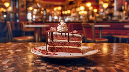 Chocolate cake with whipped cream on a table in a cafe. - obrazy, fototapety, plakaty