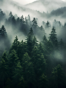 Mystic foggy dark green pine tree forest, landscape background 