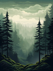 Foggy dark green pine tree forest, landscape illustration background 