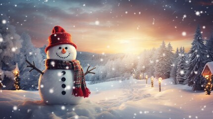  Snowman Standing Tall in a Blurry Snow Background, Eliciting the Whimsy and Charm of Winter's Delight