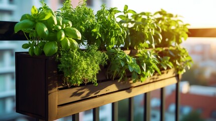 Urban Balcony Herb Garden: Lush Vertical Planters in City Apartment Setting. Generative ai - obrazy, fototapety, plakaty