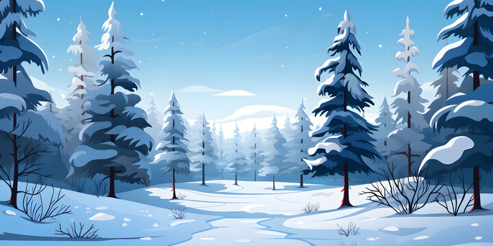 Illustration a pine tree forest in winter with snow, abstract landscape background 