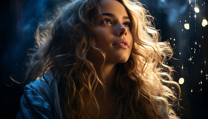 A beautiful young woman with long curly hair, smiling outdoors generated by AI