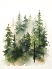 Watercolor illustration of pine tree forest with fog, abstract background