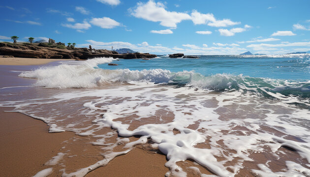 A tranquil seascape with a beautiful sandy coastline and crashing waves generated by AI