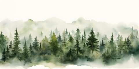Watercolor illustration of pine tree forest with fog, abstract background - obrazy, fototapety, plakaty