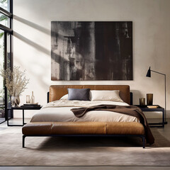Bed with brown leather headboard and bench. Loft interior design of modern bedroom.
