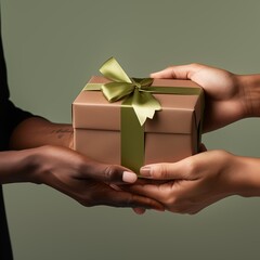 Hands Holding a Gift Box, Passing the Warmth of Generosity from One Pair of Hands to Another