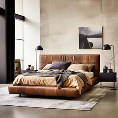 Brown shabby leather bed against concrete wall. Loft interior design of modern bedroom.