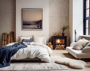 Bed with blue pillow and coverlet near fireplace. Loft interior design of modern bedroom with brick wall.
