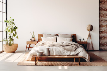 Rustic wooden bed against empty white wall with copy space. Scandinavian loft interior design of modern bedroom. - obrazy, fototapety, plakaty