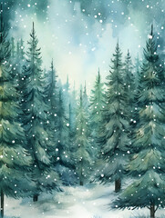 Fototapeta premium Watercolor illustration of pine tree forest with snow, abstract background