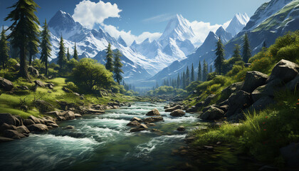 Fototapeta na wymiar Majestic mountain peak, tranquil meadow, flowing water, serene forest generated by AI