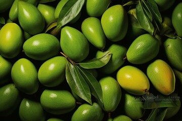 Close-up of ripe green mangoes. Generative AI