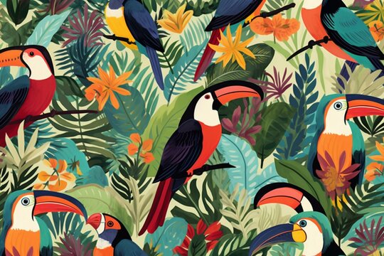 Colorful pattern featuring tropical birds. Generative AI