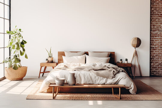 Fototapeta Rustic wooden bed against empty white wall with copy space. Scandinavian loft interior design of modern bedroom.