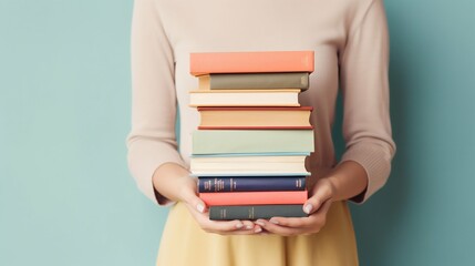 Woman's Hands Grasping Stack of Books Against Light Solid Background. Generative ai