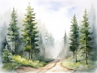 Watercolor illustration of pine tree forest with a road path, abstract background
