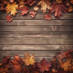 Naklejka na ściany i meble Leaves in Various Hues Adorning a Wooden Background, A Captivating Display of Nature's Fall Palette