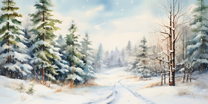 Watercolor illustration of pine tree forest with a road in winter, abstract background
