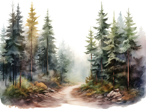 Watercolor illustration of pine tree forest with a road path, abstract background