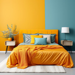 Bed against vibrant orange and blue wall with copy space. Minimalist interior design of modern...