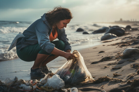 a person actively engaged in a beach cleanup, contributing to the preservation and protection of oceans from pollution