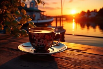 Coffee in a cup exuding a delightful fragrance against a scenic background