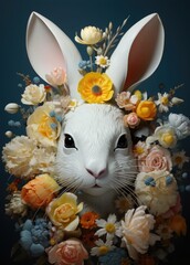 Fairytale rabbit surrounded by flowers. Gorgeous illustrations of characteristic animal portraits in the style of colorful assemblages of the 1940s, the Helsinki school, yellow and aquamarine colors