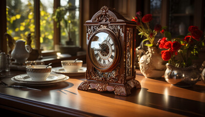 Fototapeta na wymiar Antique clock on wooden table, timeless elegance generated by AI