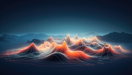 the abstract image shows mountains with lines and lights in the background Generative AI