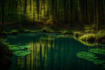 Obraz premium A hidden forest pond, its surface disturbed by the graceful ripples of a leaping fish