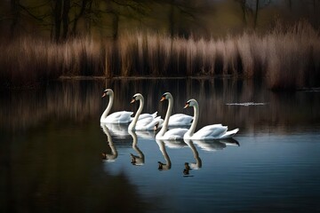 A group of swans gracefully gliding on the mirror-like surface of a secluded pond