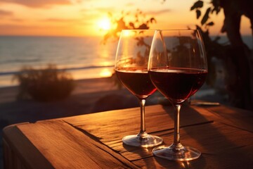 Wine positioned against the stunning backdrop of a sunset landscape