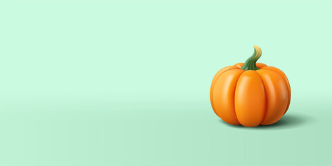 Orange 3D pumpkin on a turquoise background. For seasonal vegetables, healthy food, thanksgiving, and Halloween design concepts.