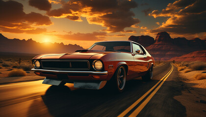 Fototapeta na wymiar A shiny sports car speeds through the mountain landscape at sunset generated by AI