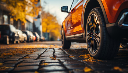 Bright yellow car speeds through autumn city streets generated by AI