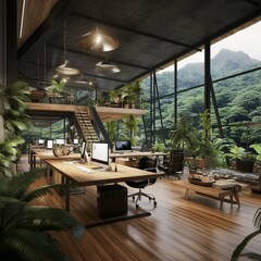 A modern office in a loft overlooking the Amazon rainforest