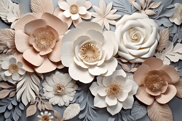 3D floral wallpaper with paper flowers, leaves, and botanical pattern. Generative AI