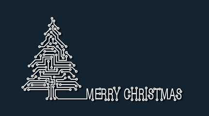 Christmas tree from digital electronic circuit. Merry Christmas. Christmas background for IT companies.