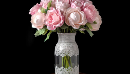 Romantic bouquet of pink tulips in ornate glass vase generated by AI